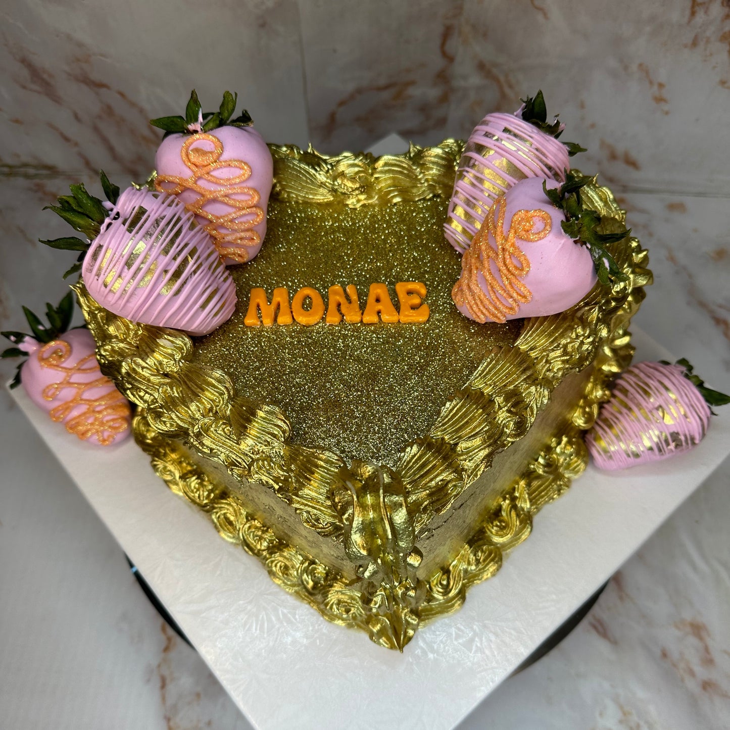 8” Gold Chrome Covered Cake w/ 6 dipped berries (Add on)